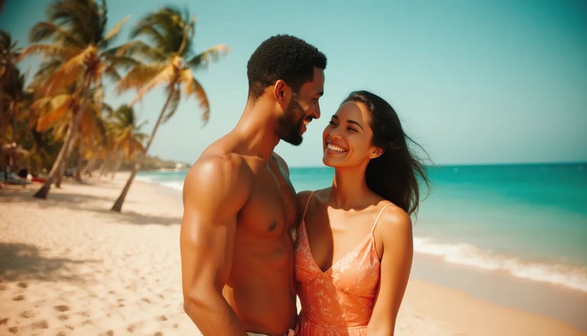Couple laughing on a palm-lined beach